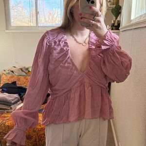 Free People Women’s Pink Ruffled V-Neck Long Sleeve Blouse